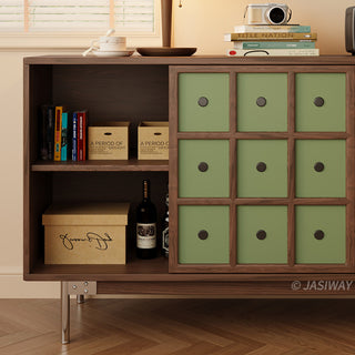 JASIWAY mid-century modern sideboard cabinet featuring warm wood finish, three spacious center drawers with metal knobs, and two olive green lattice-design sliding doors, serves as a stylish credenza for living rooms, dining rooms, or entryways, blending retro aesthetics with functional home organization.-Close-up with open cabinet