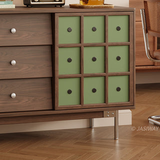 JASIWAY mid-century modern sideboard cabinet featuring warm wood finish, three spacious center drawers with metal knobs, and two olive green lattice-design sliding doors, serves as a stylish credenza for living rooms, dining rooms, or entryways, blending retro aesthetics with functional home organization.-Close-up