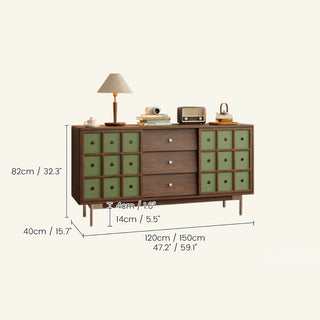 JASIWAY mid-century modern sideboard cabinet featuring warm wood finish, three spacious center drawers with metal knobs, and two olive green lattice-design sliding doors, serves as a stylish credenza for living rooms, dining rooms, or entryways, blending retro aesthetics with functional home organization.-Dimensions chart