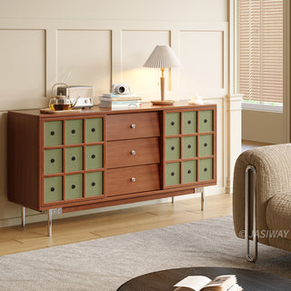JASIWAY mid-century modern sideboard cabinet featuring warm wood finish, three spacious center drawers with metal knobs, and two olive green lattice-design sliding doors, serves as a stylish credenza for living rooms, dining rooms, or entryways, blending retro aesthetics with functional home organization.-Three-quarter view
