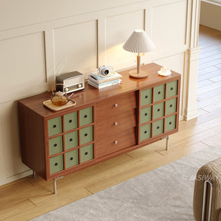 JASIWAY mid-century modern sideboard cabinet featuring warm wood finish, three spacious center drawers with metal knobs, and two olive green lattice-design sliding doors, serves as a stylish credenza for living rooms, dining rooms, or entryways, blending retro aesthetics with functional home organization.-High-angle three-quarter view