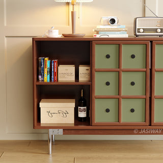 JASIWAY mid-century modern sideboard cabinet featuring warm wood finish, three spacious center drawers with metal knobs, and two olive green lattice-design sliding doors, serves as a stylish credenza for living rooms, dining rooms, or entryways, blending retro aesthetics with functional home organization.-Front view close-up with open cabinet