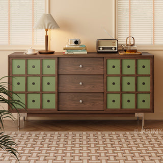 JASIWAY mid-century modern sideboard cabinet featuring warm wood finish, three spacious center drawers with metal knobs, and two olive green lattice-design sliding doors, serves as a stylish credenza for living rooms, dining rooms, or entryways, blending retro aesthetics with functional home organization.-Front view