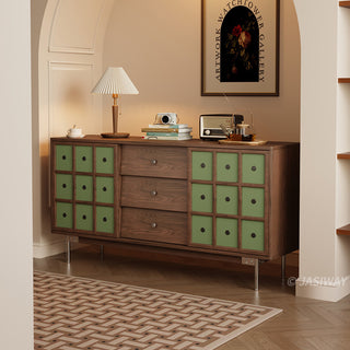 JASIWAY mid-century modern sideboard cabinet featuring warm wood finish, three spacious center drawers with metal knobs, and two olive green lattice-design sliding doors, serves as a stylish credenza for living rooms, dining rooms, or entryways, blending retro aesthetics with functional home organization.-Three-quarter view