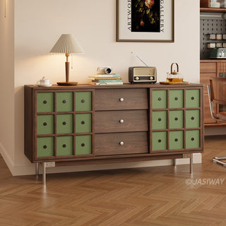 JASIWAY mid-century modern sideboard cabinet featuring warm wood finish, three spacious center drawers with metal knobs, and two olive green lattice-design sliding doors, serves as a stylish credenza for living rooms, dining rooms, or entryways, blending retro aesthetics with functional home organization.-Three-quarter view