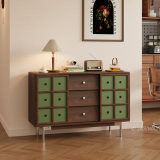 JASIWAY mid-century modern sideboard cabinet featuring warm wood finish, three spacious center drawers with metal knobs, and two olive green lattice-design sliding doors, serves as a stylish credenza for living rooms, dining rooms, or entryways, blending retro aesthetics with functional home organization.-Three-quarter view