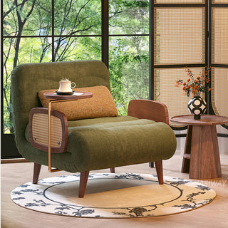 JASIWAY mid-century modern sleeper accent chair featuring a striped fabric upholstery, natural cane woven armrests, and integrated swivel walnut side table; a versatile 4-in-1 convertible chair with tapered wooden legs for contemporary living room decor.-Three-quarter view