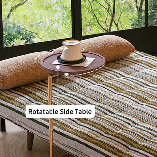 JASIWAY mid-century modern sleeper accent chair featuring a striped fabric upholstery, natural cane woven armrests, and integrated swivel walnut side table; a versatile 4-in-1 convertible chair with tapered wooden legs for contemporary living room decor.-Functional close-up