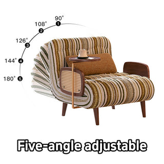 JASIWAY mid-century modern sleeper accent chair featuring a striped fabric upholstery, natural cane woven armrests, and integrated swivel walnut side table; a versatile 4-in-1 convertible chair with tapered wooden legs for contemporary living room decor.-Functional diagram