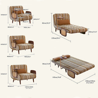 JASIWAY mid-century modern sleeper accent chair featuring a striped fabric upholstery, natural cane woven armrests, and integrated swivel walnut side table; a versatile 4-in-1 convertible chair with tapered wooden legs for contemporary living room decor.-Dimensions chart