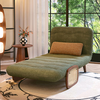 JASIWAY mid-century modern sleeper accent chair featuring a striped fabric upholstery, natural cane woven armrests, and integrated swivel walnut side table; a versatile 4-in-1 convertible chair with tapered wooden legs for contemporary living room decor.-Diagonal view
