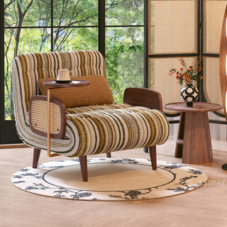 JASIWAY mid-century modern sleeper accent chair featuring a striped fabric upholstery, natural cane woven armrests, and integrated swivel walnut side table; a versatile 4-in-1 convertible chair with tapered wooden legs for contemporary living room decor.-Three-quarter view