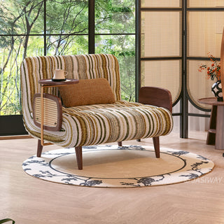 JASIWAY mid-century modern sleeper accent chair featuring a striped fabric upholstery, natural cane woven armrests, and integrated swivel walnut side table; a versatile 4-in-1 convertible chair with tapered wooden legs for contemporary living room decor.-Three-quarter view