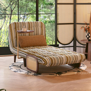 JASIWAY mid-century modern sleeper accent chair featuring a striped fabric upholstery, natural cane woven armrests, and integrated swivel walnut side table; a versatile 4-in-1 convertible chair with tapered wooden legs for contemporary living room decor.-Three-quarter view