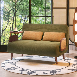 JASIWAY mid-century modern sleeper accent chair featuring a striped fabric upholstery, natural cane woven armrests, and integrated swivel walnut side table; a versatile 4-in-1 convertible chair with tapered wooden legs for contemporary living room decor.-Front view
