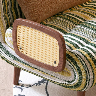 JASIWAY mid-century modern sleeper accent chair featuring a striped fabric upholstery, natural cane woven armrests, and integrated swivel walnut side table; a versatile 4-in-1 convertible chair with tapered wooden legs for contemporary living room decor.-Macro close-up