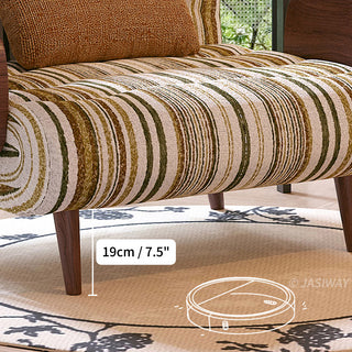 JASIWAY mid-century modern sleeper accent chair featuring a striped fabric upholstery, natural cane woven armrests, and integrated swivel walnut side table; a versatile 4-in-1 convertible chair with tapered wooden legs for contemporary living room decor.-Detail close-up