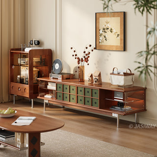 JASIWAY mid-century modern TV stand featuring a rich walnut and boxwood finish, sliding cabinet doors with olive green grid accents, and open tempered glass shelving, blending organic retro aesthetics with functional storage for upscale living room entertainment centers.-Three-quarter view