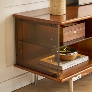 JASIWAY mid-century modern TV stand featuring a rich walnut and boxwood finish, sliding cabinet doors with olive green grid accents, and open tempered glass shelving, blending organic retro aesthetics with functional storage for upscale living room entertainment centers.-Close-up of acrylic sheet