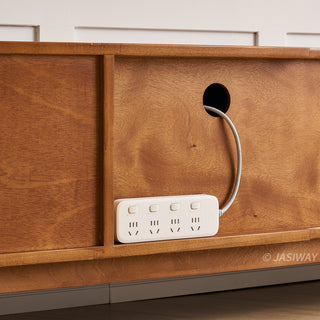 JASIWAY mid-century modern TV stand featuring a rich walnut and boxwood finish, sliding cabinet doors with olive green grid accents, and open tempered glass shelving, blending organic retro aesthetics with functional storage for upscale living room entertainment centers.-Close-up of cable management back panel