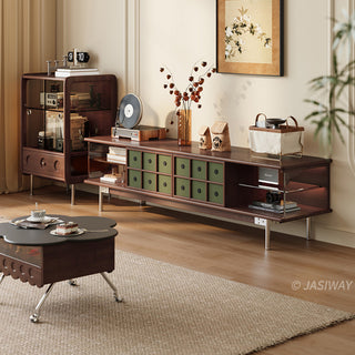 JASIWAY mid-century modern TV stand featuring a rich walnut and boxwood finish, sliding cabinet doors with olive green grid accents, and open tempered glass shelving, blending organic retro aesthetics with functional storage for upscale living room entertainment centers.-Diagonal view