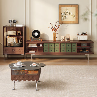 JASIWAY mid-century modern TV stand featuring a rich walnut and boxwood finish, sliding cabinet doors with olive green grid accents, and open tempered glass shelving, blending organic retro aesthetics with functional storage for upscale living room entertainment centers.-Front view with sideboard