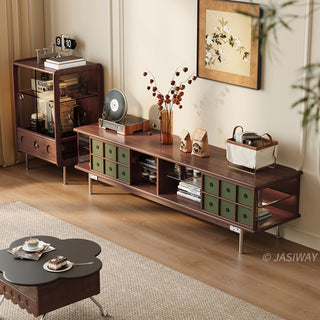 JASIWAY mid-century modern TV stand featuring a rich walnut and boxwood finish, sliding cabinet doors with olive green grid accents, and open tempered glass shelving, blending organic retro aesthetics with functional storage for upscale living room entertainment centers.-High-angle view with sideboard