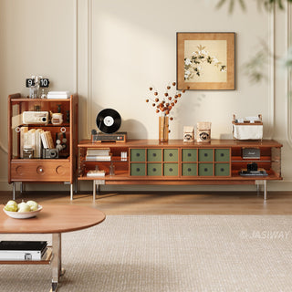 JASIWAY mid-century modern TV stand featuring a rich walnut and boxwood finish, sliding cabinet doors with olive green grid accents, and open tempered glass shelving, blending organic retro aesthetics with functional storage for upscale living room entertainment centers.-Front view with sideboard