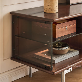 JASIWAY mid-century modern TV stand featuring a rich walnut and boxwood finish, sliding cabinet doors with olive green grid accents, and open tempered glass shelving, blending organic retro aesthetics with functional storage for upscale living room entertainment centers.-Close-up of acrylic sheet