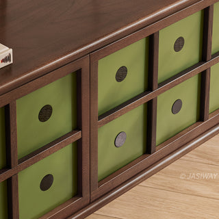 JASIWAY mid-century modern TV stand featuring a rich walnut and boxwood finish, sliding cabinet doors with olive green grid accents, and open tempered glass shelving, blending organic retro aesthetics with functional storage for upscale living room entertainment centers.-Close-up of sliding door