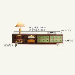 JASIWAY mid-century modern TV stand featuring a rich walnut and boxwood finish, sliding cabinet doors with olive green grid accents, and open tempered glass shelving, blending organic retro aesthetics with functional storage for upscale living room entertainment centers.-Dimensions chart