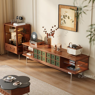JASIWAY mid-century modern TV stand featuring a rich walnut and boxwood finish, sliding cabinet doors with olive green grid accents, and open tempered glass shelving, blending organic retro aesthetics with functional storage for upscale living room entertainment centers.-High-angle view