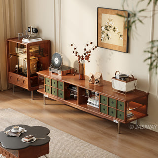 JASIWAY mid-century modern TV stand featuring a rich walnut and boxwood finish, sliding cabinet doors with olive green grid accents, and open tempered glass shelving, blending organic retro aesthetics with functional storage for upscale living room entertainment centers.-High-angle diagonal view