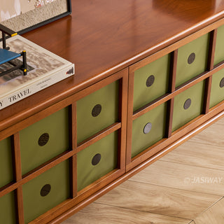 JASIWAY mid-century modern TV stand featuring a rich walnut and boxwood finish, sliding cabinet doors with olive green grid accents, and open tempered glass shelving, blending organic retro aesthetics with functional storage for upscale living room entertainment centers.-Close-up of door