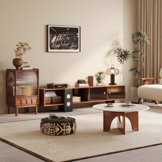 JASIWAY mid-century modern low-profile media console featuring walnut wood and boxwood finish, fluted glass sliding doors, and sleek black support legs with integrated open shelving and modular storage.-Three-quarter full room set