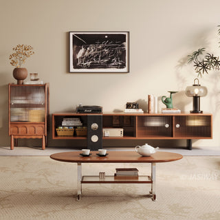 JASIWAY mid-century modern low-profile media console featuring walnut wood and boxwood finish, fluted glass sliding doors, and sleek black support legs with integrated open shelving and modular storage.-Front view
