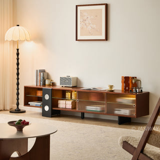 JASIWAY mid-century modern low-profile media console featuring walnut wood and boxwood finish, fluted glass sliding doors, and sleek black support legs with integrated open shelving and modular storage.-Three-quarter view