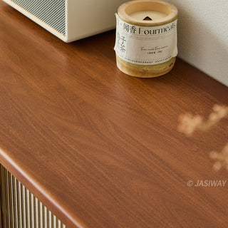 JASIWAY mid-century modern low-profile media console featuring walnut wood and boxwood finish, fluted glass sliding doors, and sleek black support legs with integrated open shelving and modular storage.-Close-up of material