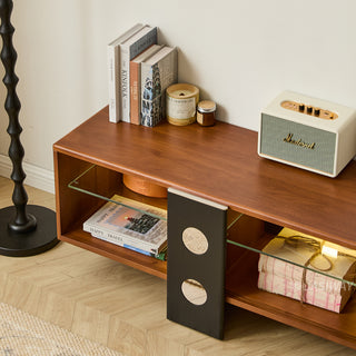 JASIWAY mid-century modern low-profile media console featuring walnut wood and boxwood finish, fluted glass sliding doors, and sleek black support legs with integrated open shelving and modular storage.-High-angle view of storage area