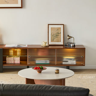 JASIWAY mid-century modern low-profile media console featuring walnut wood and boxwood finish, fluted glass sliding doors, and sleek black support legs with integrated open shelving and modular storage.-Sectional front view