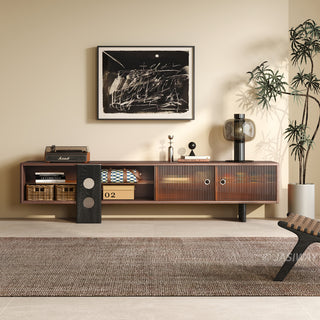 JASIWAY mid-century modern low-profile media console featuring walnut wood and boxwood finish, fluted glass sliding doors, and sleek black support legs with integrated open shelving and modular storage.-Front view