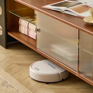 JASIWAY mid-century modern low-profile media console featuring walnut wood and boxwood finish, fluted glass sliding doors, and sleek black support legs with integrated open shelving and modular storage.-Bottom height detail