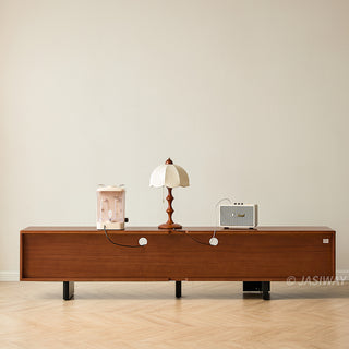 JASIWAY mid-century modern low-profile media console featuring walnut wood and boxwood finish, fluted glass sliding doors, and sleek black support legs with integrated open shelving and modular storage.-Minimalist back view