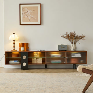 JASIWAY mid-century modern low-profile media console featuring walnut wood and boxwood finish, fluted glass sliding doors, and sleek black support legs with integrated open shelving and modular storage.-Front view