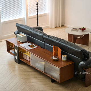JASIWAY mid-century modern low-profile media console featuring walnut wood and boxwood finish, fluted glass sliding doors, and sleek black support legs with integrated open shelving and modular storage.-High-angle view