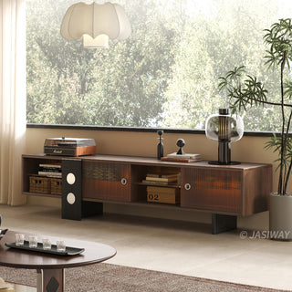 JASIWAY mid-century modern low-profile media console featuring walnut wood and boxwood finish, fluted glass sliding doors, and sleek black support legs with integrated open shelving and modular storage.-Bright lifestyle scene