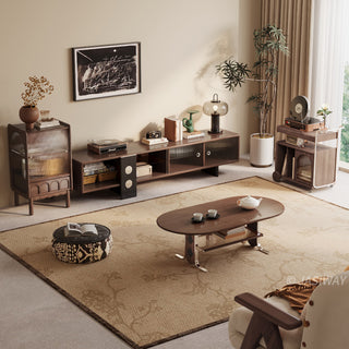 JASIWAY mid-century modern low-profile media console featuring walnut wood and boxwood finish, fluted glass sliding doors, and sleek black support legs with integrated open shelving and modular storage.-High-angle full room set