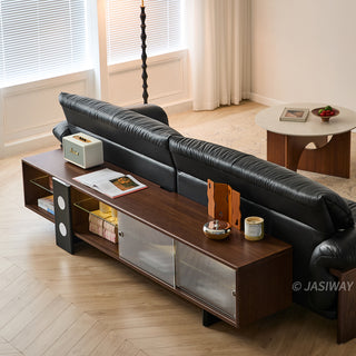 JASIWAY mid-century modern low-profile media console featuring walnut wood and boxwood finish, fluted glass sliding doors, and sleek black support legs with integrated open shelving and modular storage.-High-angle view