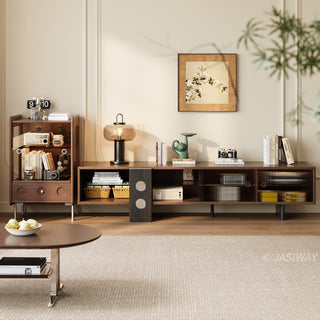 JASIWAY mid-century modern low-profile media console featuring walnut wood and boxwood finish, fluted glass sliding doors, and sleek black support legs with integrated open shelving and modular storage.-Front view