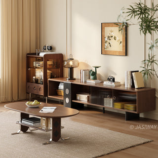 JASIWAY mid-century modern low-profile media console featuring walnut wood and boxwood finish, fluted glass sliding doors, and sleek black support legs with integrated open shelving and modular storage.-Diagonal view